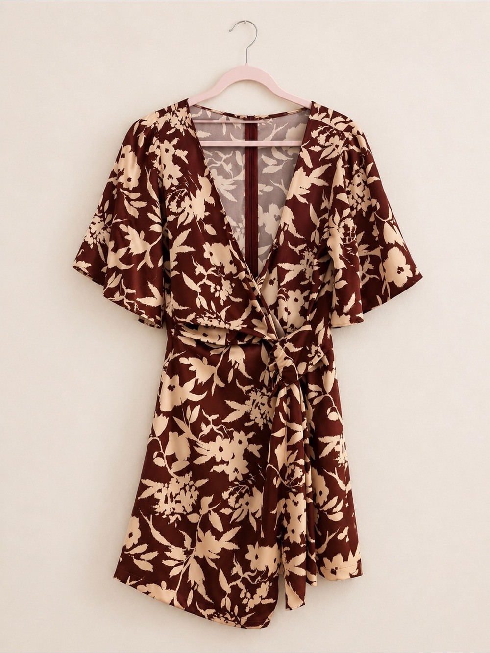 Zara Floral Tie Waist Mini Dress in Brown & Cream